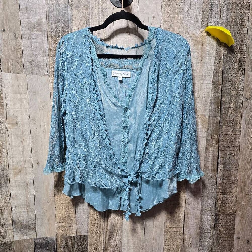 Pretty Angel Vintage Y2K Blue Linen Blend Floral Lace Blouse Medium Fairy Cottag